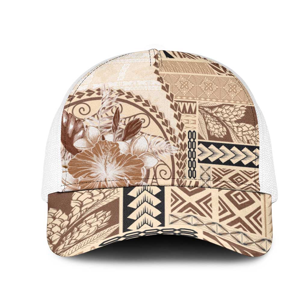 Samoa Siapo Elegant Mesh Trucker Cap Hibiscus Beige Motifs - Polynesian Pride