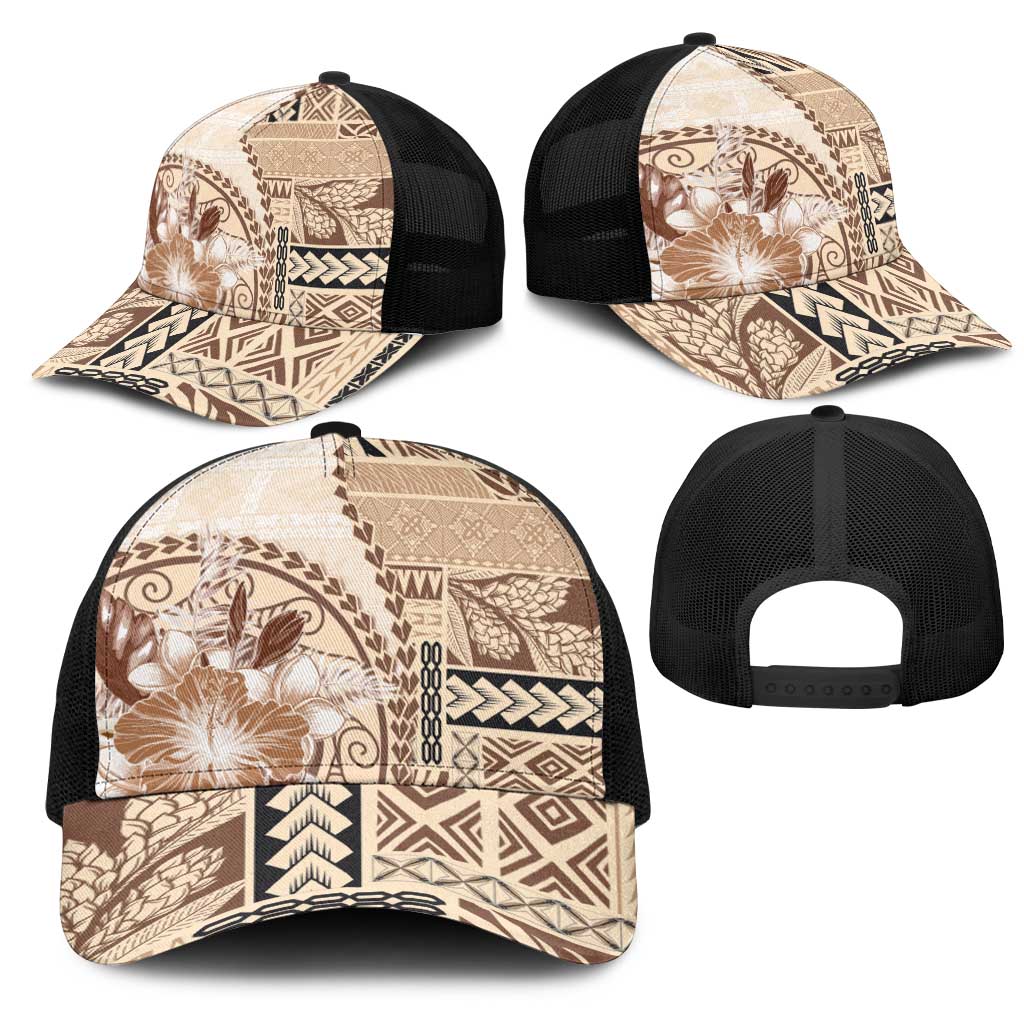 Samoa Siapo Elegant Mesh Trucker Cap Hibiscus Beige Motifs - Polynesian Pride