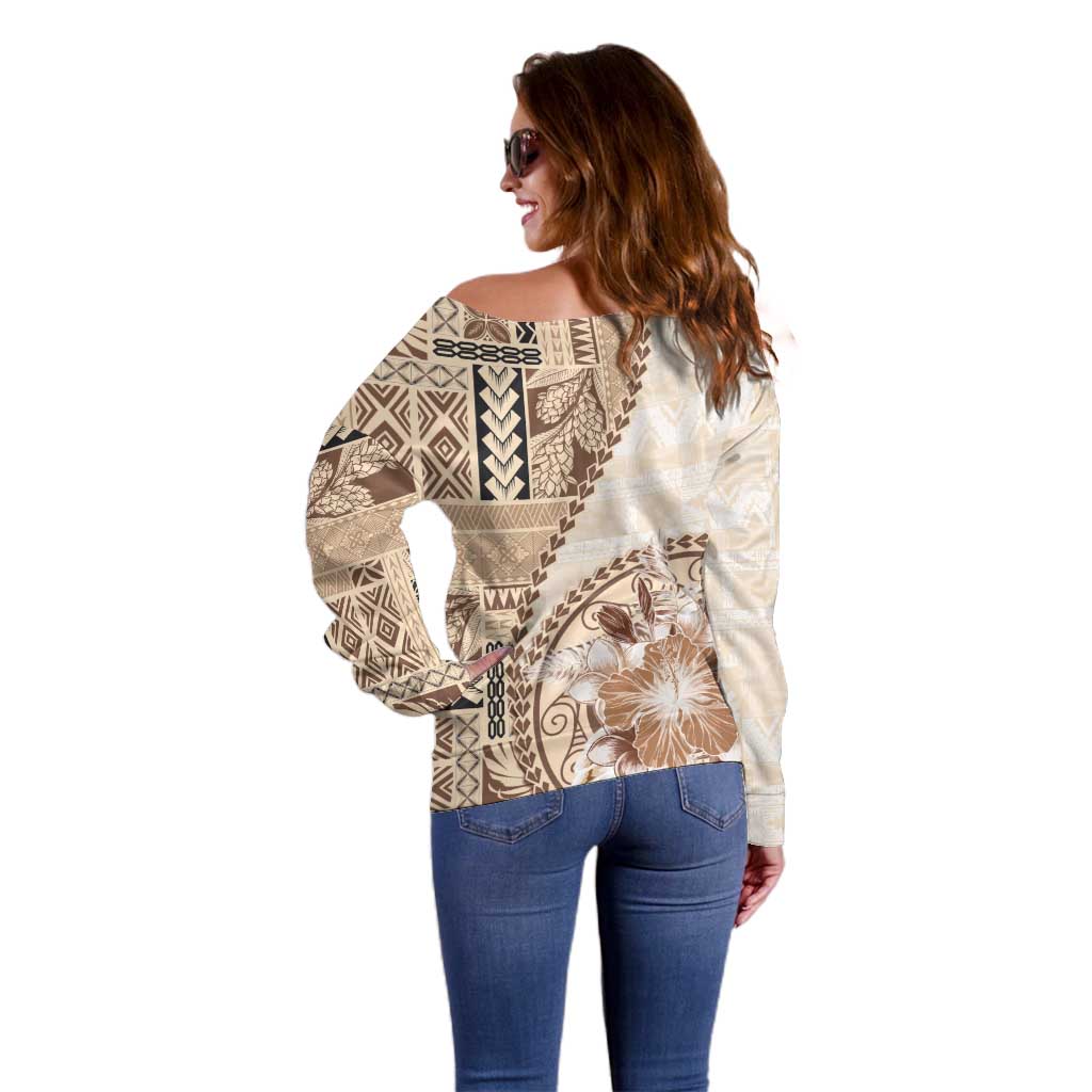 Samoa Siapo Elegant Off Shoulder Sweater Hibiscus Beige Motifs - Polynesian Pride