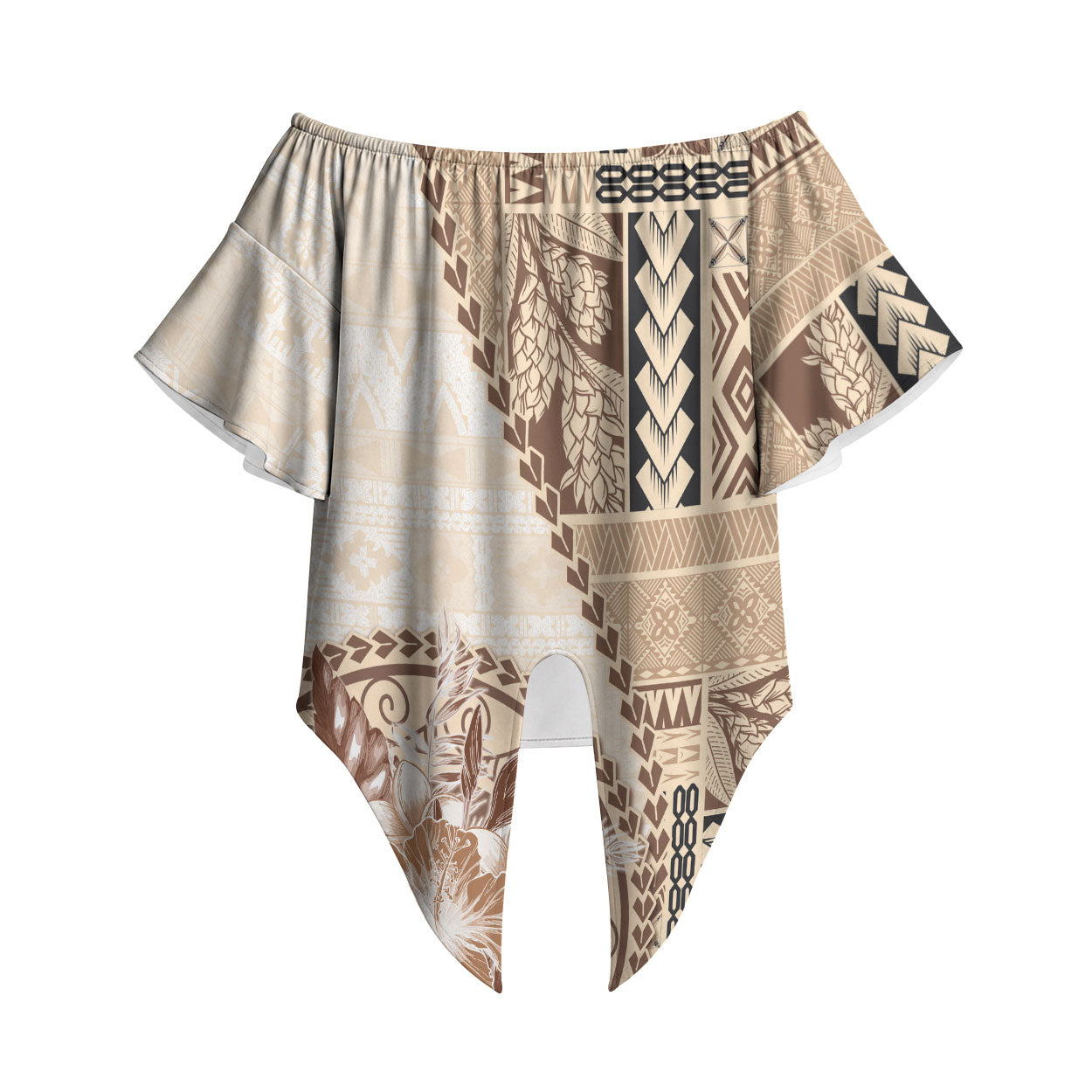 Samoa Siapo Elegant Off Shoulder Wrap Waist Top Hibiscus Beige Motifs LT05 Beige - Polynesian Pride