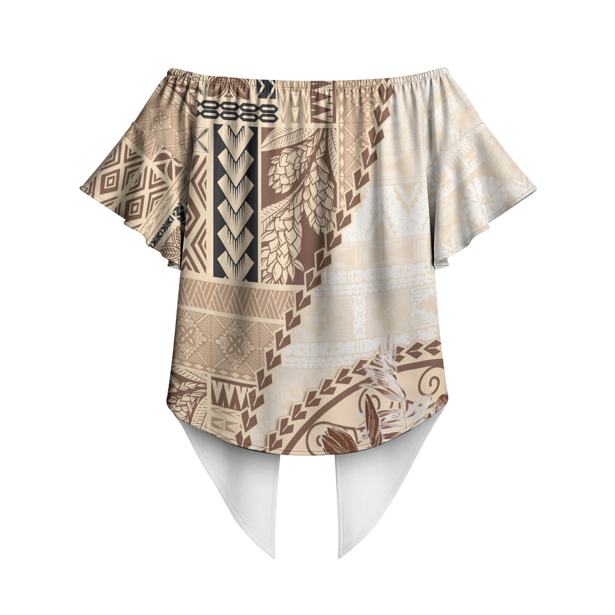 Samoa Siapo Elegant Off Shoulder Wrap Waist Top Hibiscus Beige Motifs LT05 - Polynesian Pride