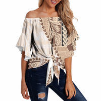 Samoa Siapo Elegant Off Shoulder Wrap Waist Top Hibiscus Beige Motifs LT05 - Polynesian Pride