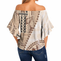 Samoa Siapo Elegant Off Shoulder Wrap Waist Top Hibiscus Beige Motifs LT05 - Polynesian Pride