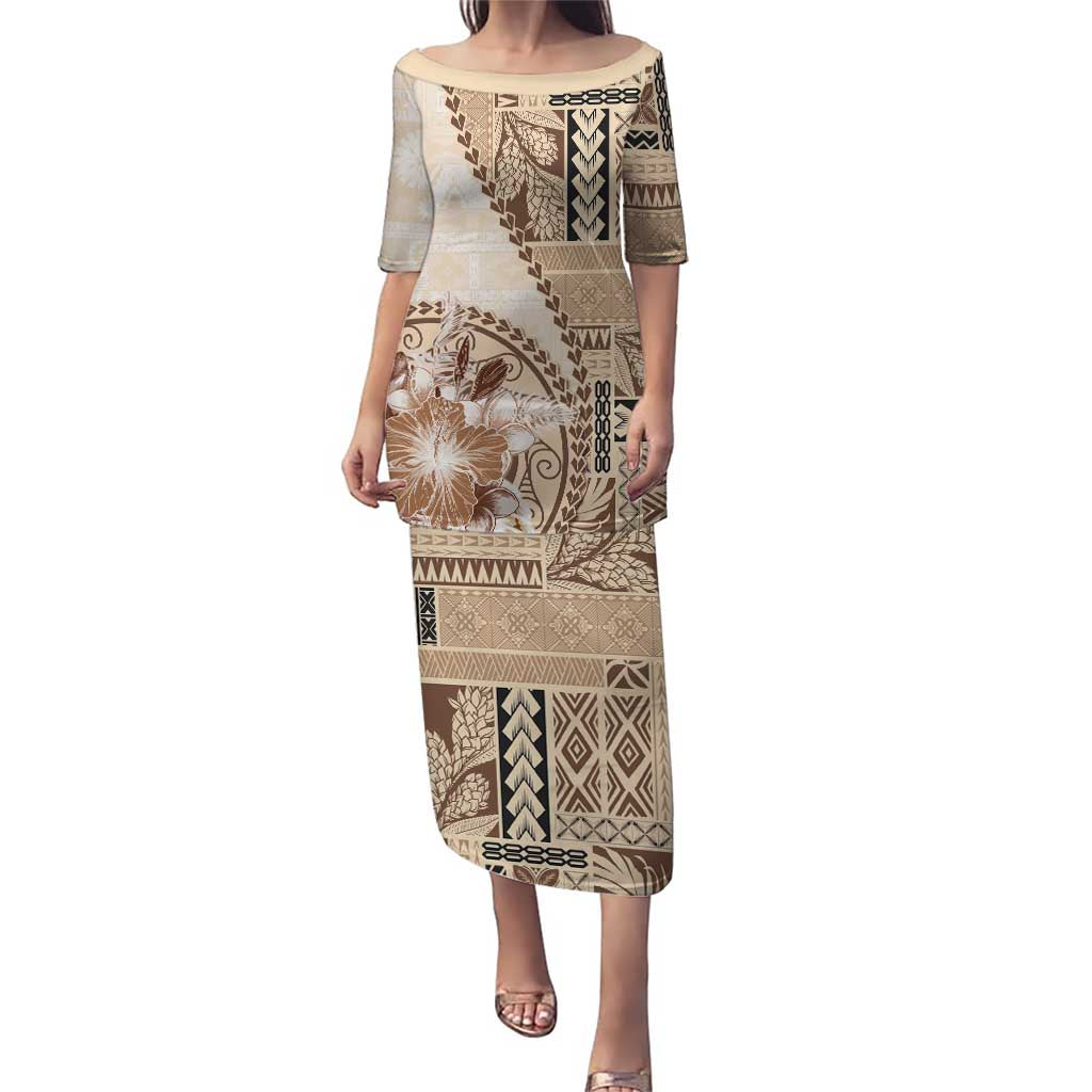 Samoa Siapo Elegant Puletasi Hibiscus Beige Motifs - Polynesian Pride