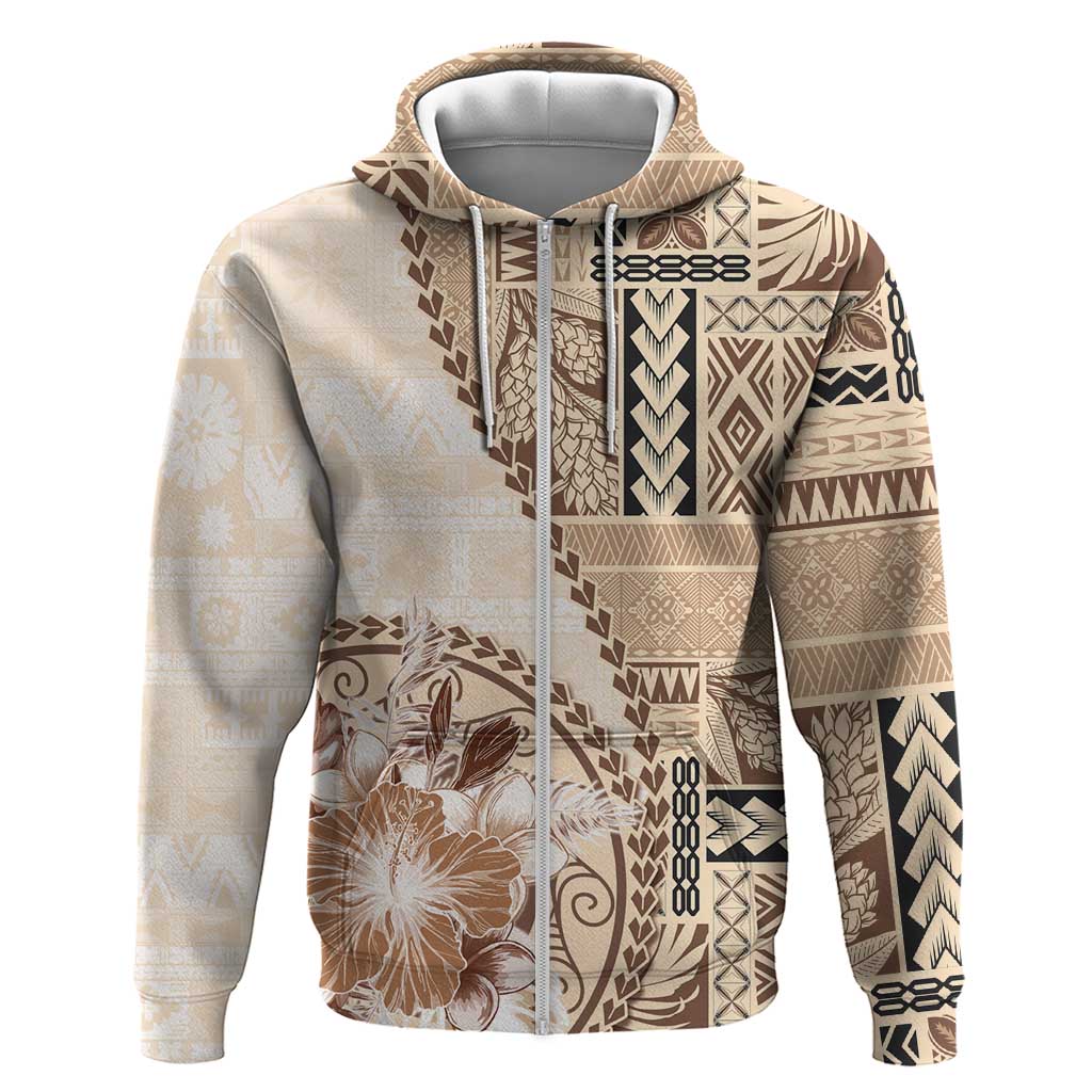 Samoa Siapo Elegant Zip Hoodie Hibiscus Beige Motifs LT05 Zip Hoodie Beige - Polynesian Pride