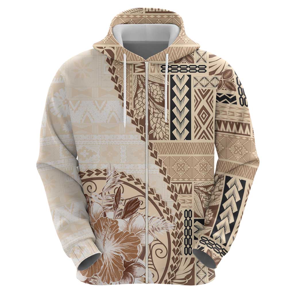 Samoa Siapo Elegant Zip Hoodie Hibiscus Beige Motifs LT05 - Polynesian Pride
