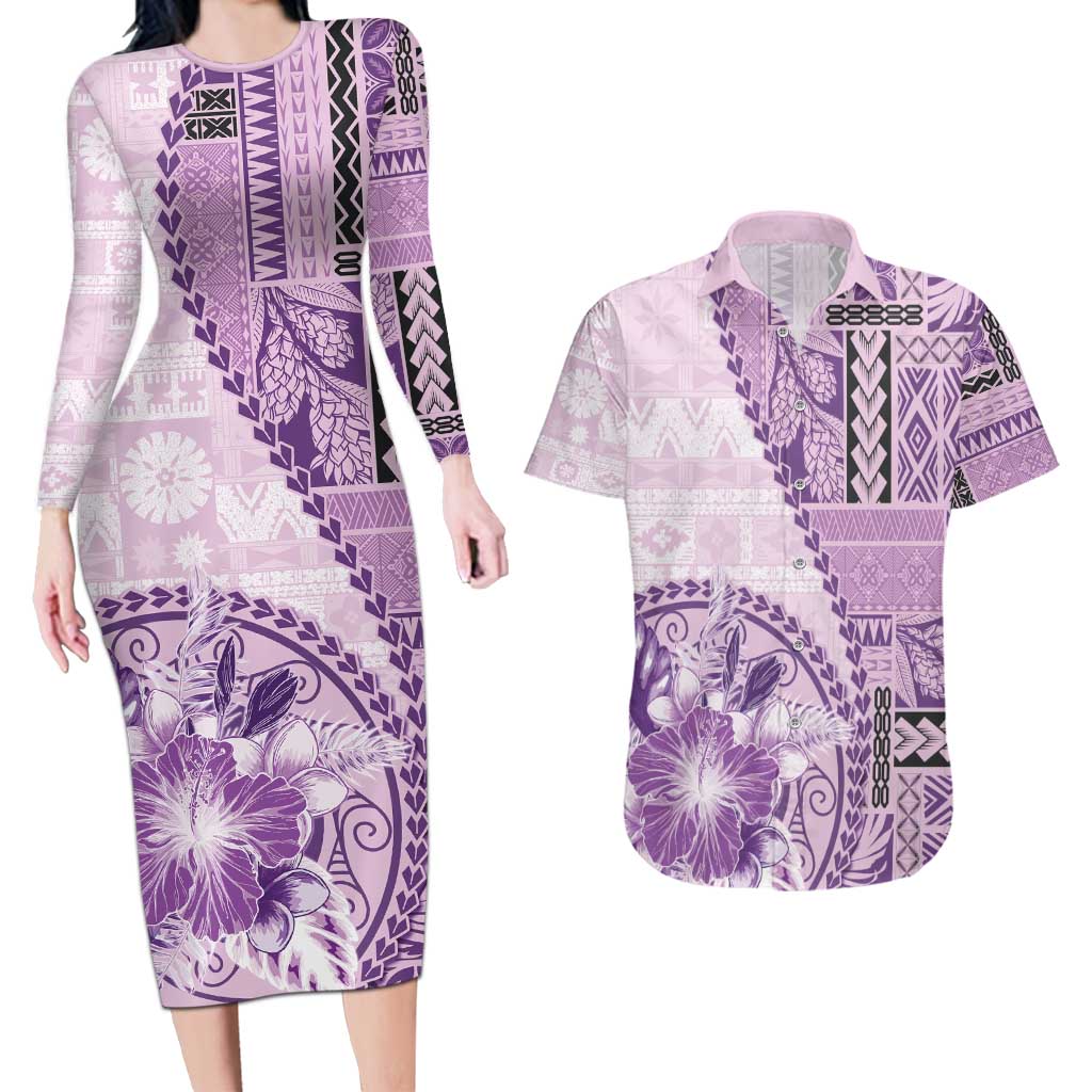 Samoa Siapo Elegant Couples Matching Long Sleeve Bodycon Dress and Hawaiian Shirt Hibiscus Violet Motifs LT05 Violet - Polynesian Pride