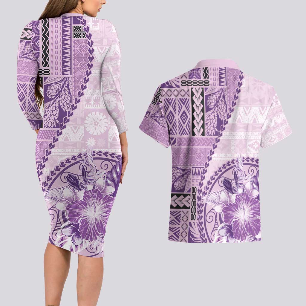 Samoa Siapo Elegant Couples Matching Long Sleeve Bodycon Dress and Hawaiian Shirt Hibiscus Violet Motifs LT05 - Polynesian Pride