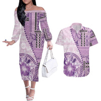 Samoa Siapo Elegant Couples Matching Off The Shoulder Long Sleeve Dress and Hawaiian Shirt Hibiscus Violet Motifs LT05 Violet - Polynesian Pride