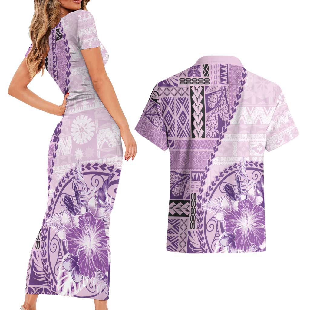 Samoa Siapo Elegant Couples Matching Short Sleeve Bodycon Dress and Hawaiian Shirt Hibiscus Violet Motifs LT05 - Polynesian Pride