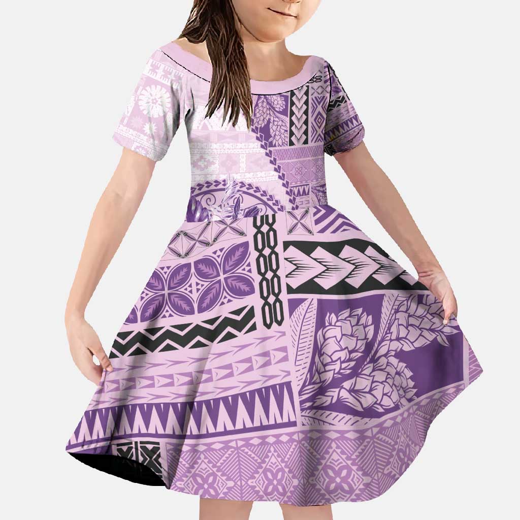 Samoa Siapo Elegant Family Matching Long Sleeve Bodycon Dress and Hawaiian Shirt Hibiscus Violet Motifs LT05 Daughter's Dress Violet - Polynesian Pride