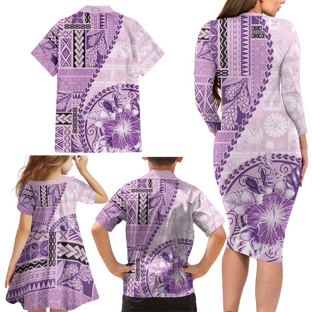 Samoa Siapo Elegant Family Matching Long Sleeve Bodycon Dress and Hawaiian Shirt Hibiscus Violet Motifs LT05 - Polynesian Pride