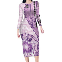 Samoa Siapo Elegant Family Matching Long Sleeve Bodycon Dress and Hawaiian Shirt Hibiscus Violet Motifs LT05 Mom's Dress Violet - Polynesian Pride