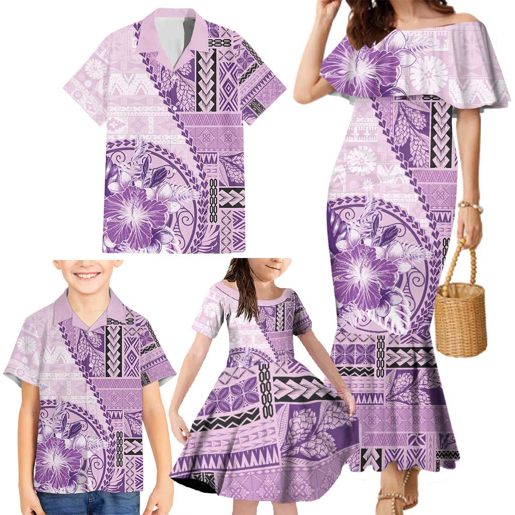 Samoa Siapo Elegant Family Matching Mermaid Dress and Hawaiian Shirt Hibiscus Violet Motifs LT05 - Polynesian Pride