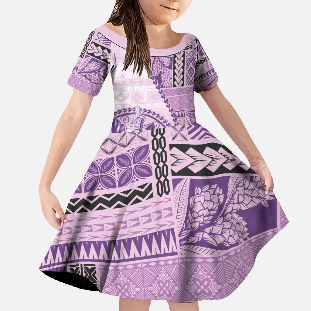 Samoa Siapo Elegant Family Matching Off Shoulder Maxi Dress and Hawaiian Shirt Hibiscus Violet Motifs LT05 Daughter's Dress Violet - Polynesian Pride