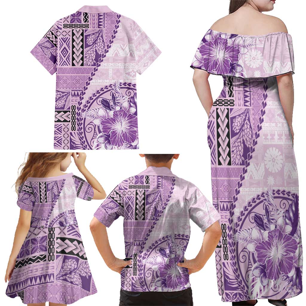 Samoa Siapo Elegant Family Matching Off Shoulder Maxi Dress and Hawaiian Shirt Hibiscus Violet Motifs LT05 - Polynesian Pride