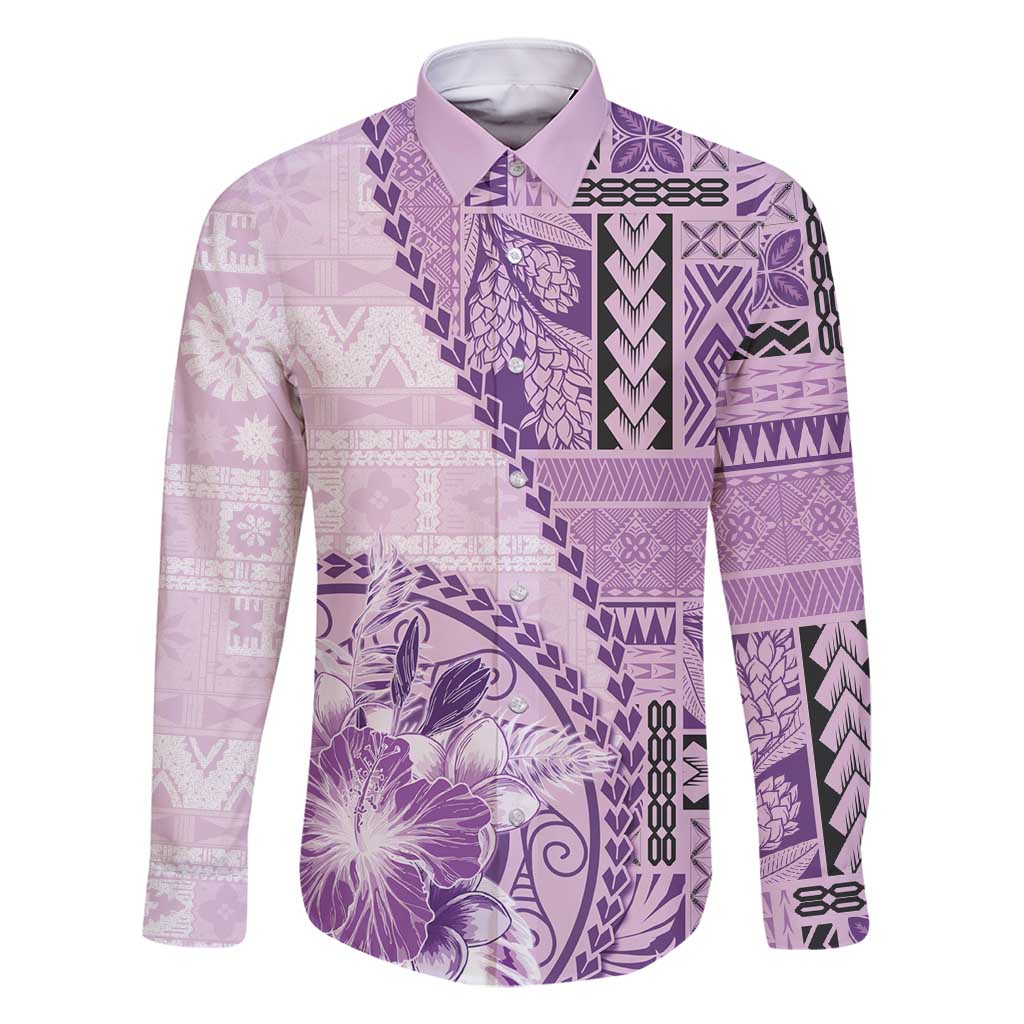 Samoa Siapo Elegant Family Matching Off Shoulder Maxi Dress and Hawaiian Shirt Hibiscus Violet Motifs LT05 Dad's Shirt - Long Sleeve Violet - Polynesian Pride