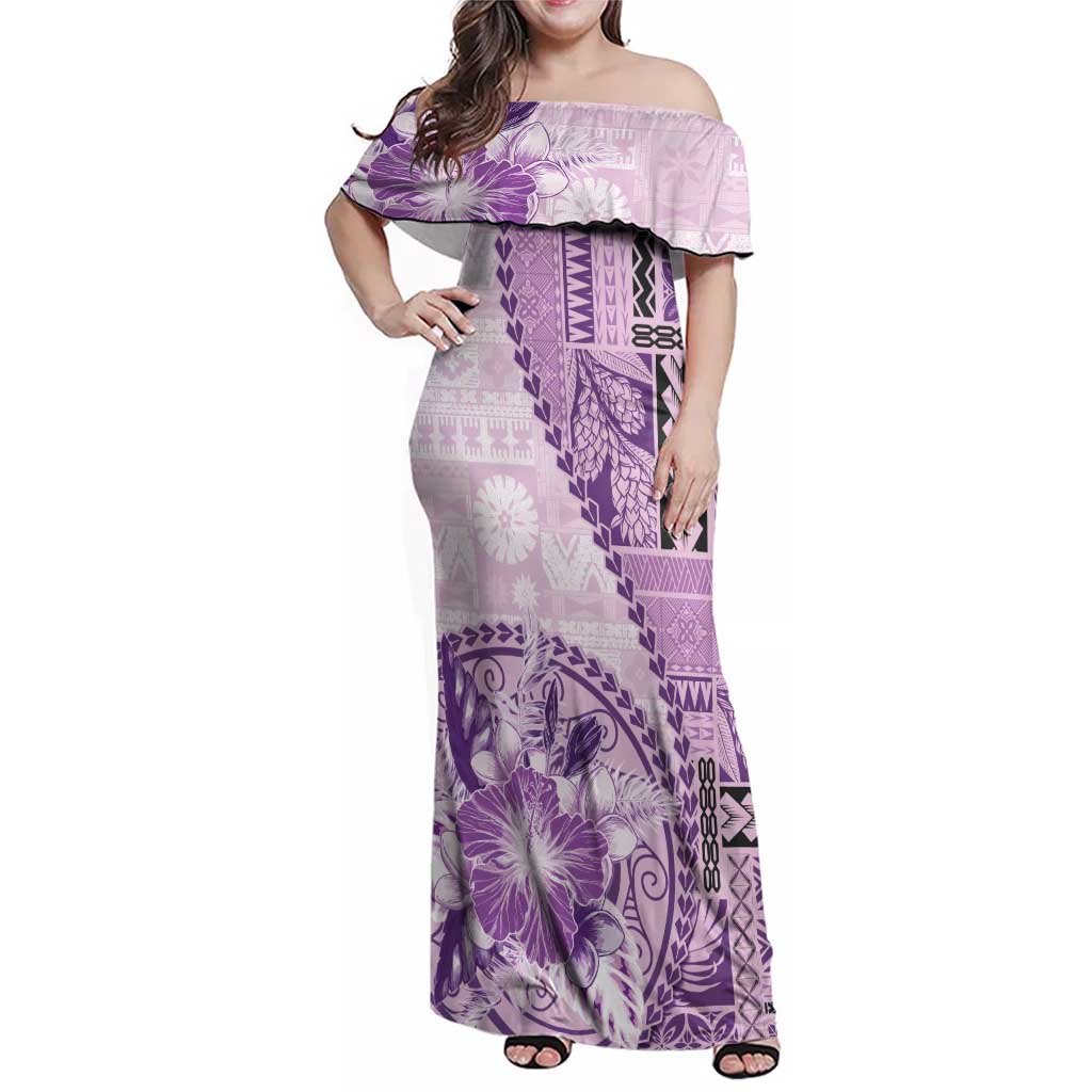 Samoa Siapo Elegant Family Matching Off Shoulder Maxi Dress and Hawaiian Shirt Hibiscus Violet Motifs LT05 Mom's Dress Violet - Polynesian Pride
