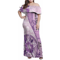 Samoa Siapo Elegant Family Matching Off Shoulder Maxi Dress and Hawaiian Shirt Hibiscus Violet Motifs LT05 Mom's Dress Violet - Polynesian Pride