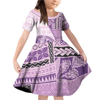 Samoa Siapo Elegant Family Matching Off Shoulder Short Dress and Hawaiian Shirt Hibiscus Violet Motifs LT05 Daughter's Dress Violet - Polynesian Pride