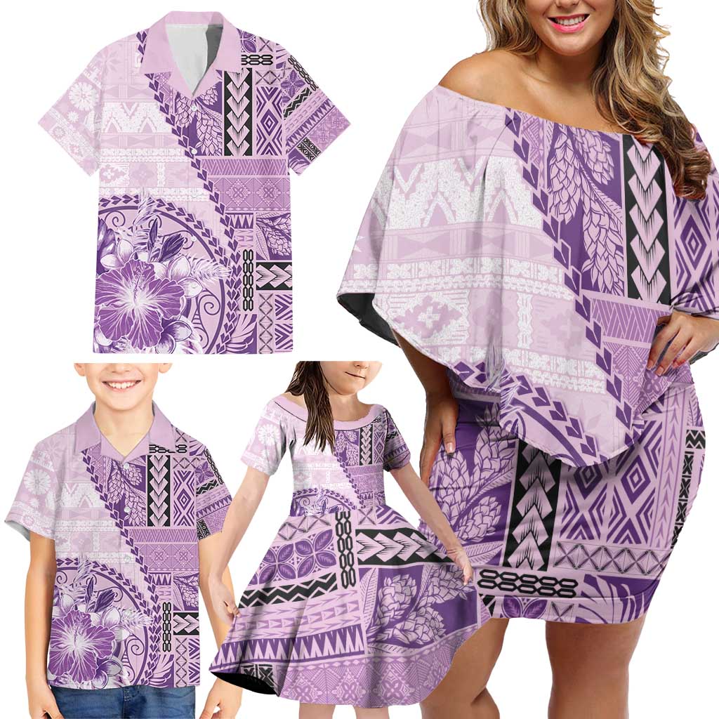Samoa Siapo Elegant Family Matching Off Shoulder Short Dress and Hawaiian Shirt Hibiscus Violet Motifs LT05 - Polynesian Pride