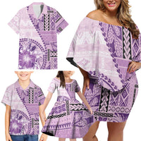 Samoa Siapo Elegant Family Matching Off Shoulder Short Dress and Hawaiian Shirt Hibiscus Violet Motifs LT05 - Polynesian Pride