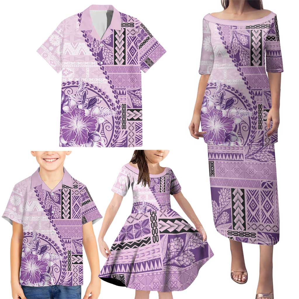 Samoa Siapo Elegant Family Matching Puletasi and Hawaiian Shirt Hibiscus Violet Motifs LT05 - Polynesian Pride