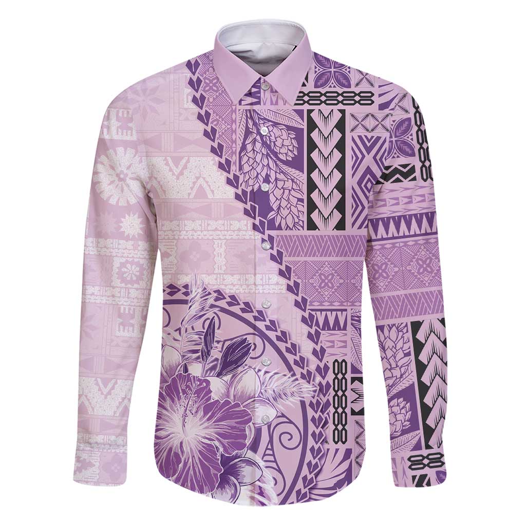 Samoa Siapo Elegant Family Matching Puletasi and Hawaiian Shirt Hibiscus Violet Motifs LT05 Dad's Shirt - Long Sleeve Violet - Polynesian Pride
