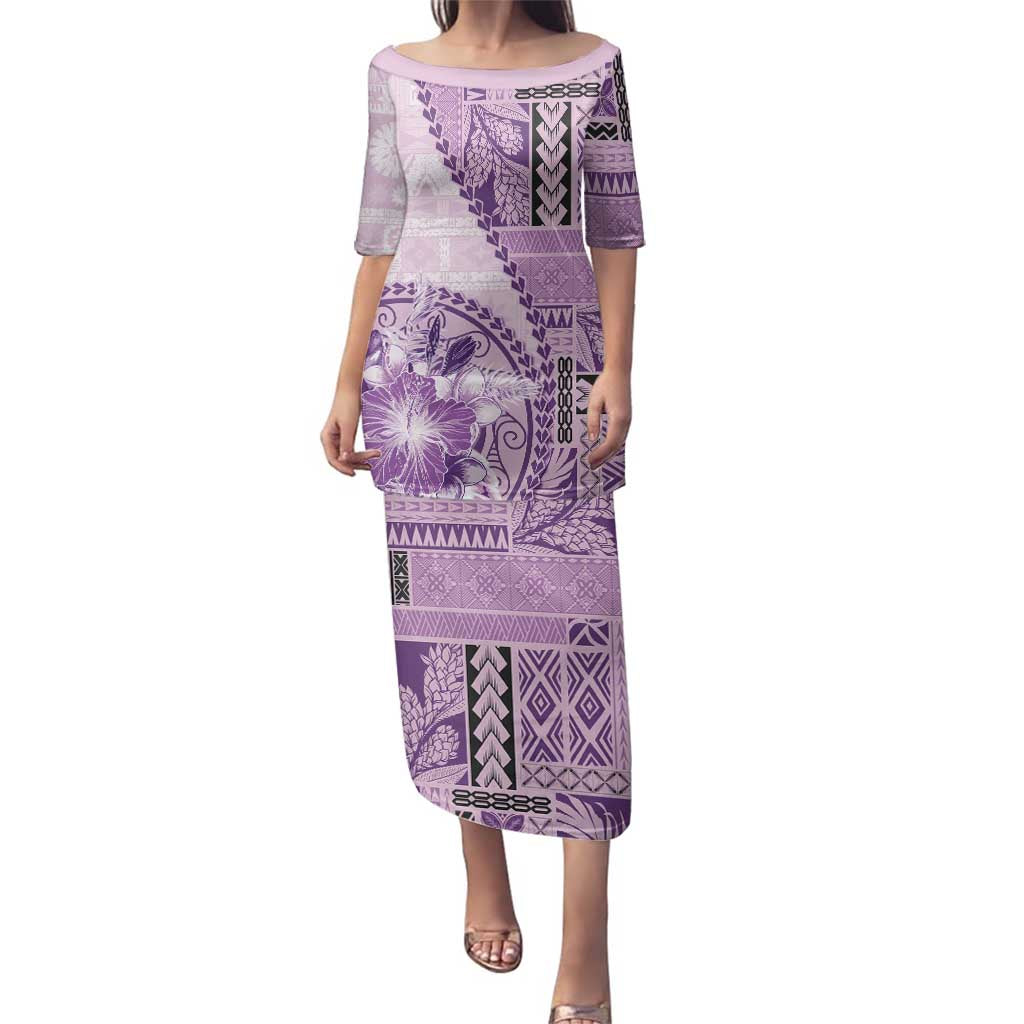 Samoa Siapo Elegant Family Matching Puletasi and Hawaiian Shirt Hibiscus Violet Motifs LT05 Mom's Dress Violet - Polynesian Pride