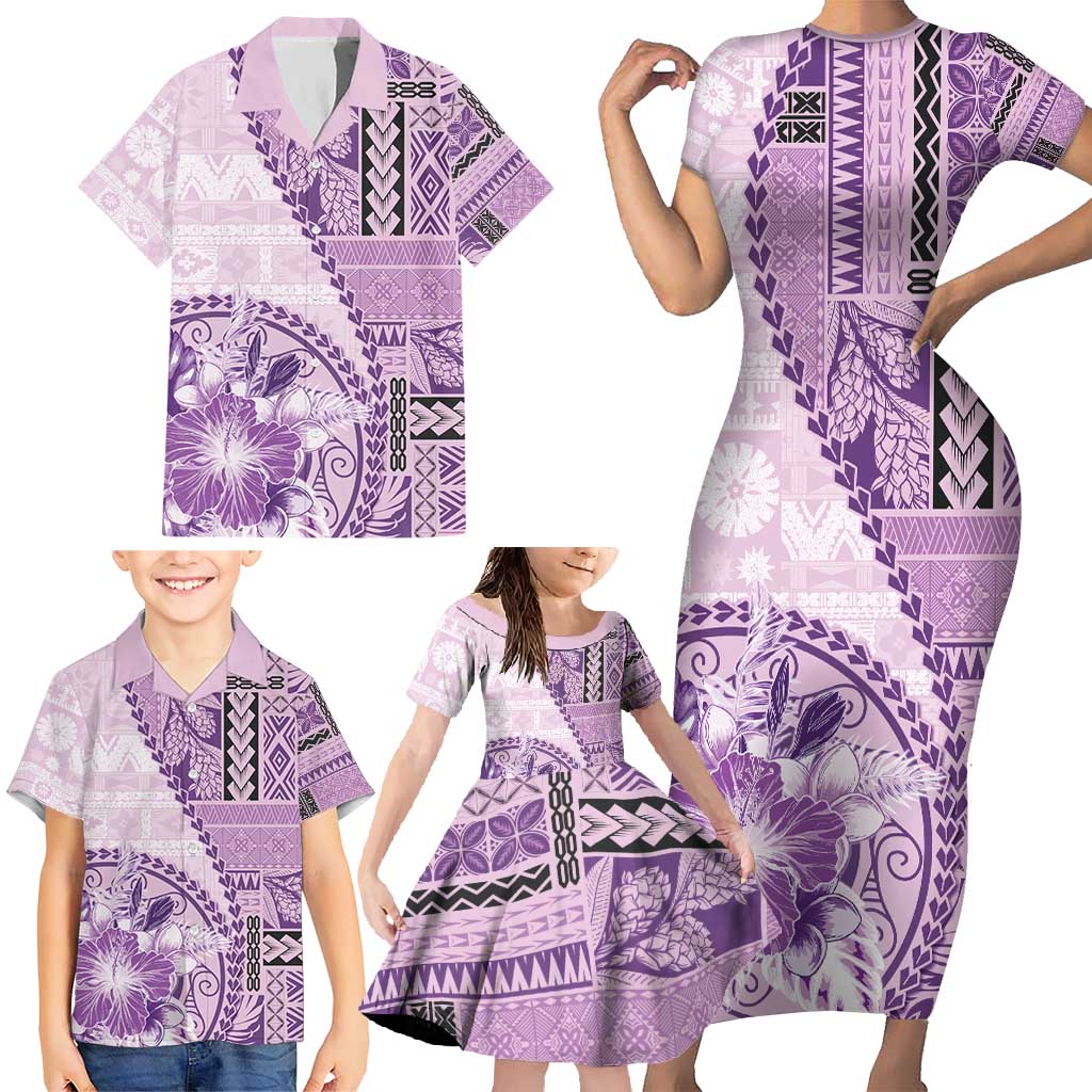 Samoa Siapo Elegant Family Matching Short Sleeve Bodycon Dress and Hawaiian Shirt Hibiscus Violet Motifs LT05 - Polynesian Pride