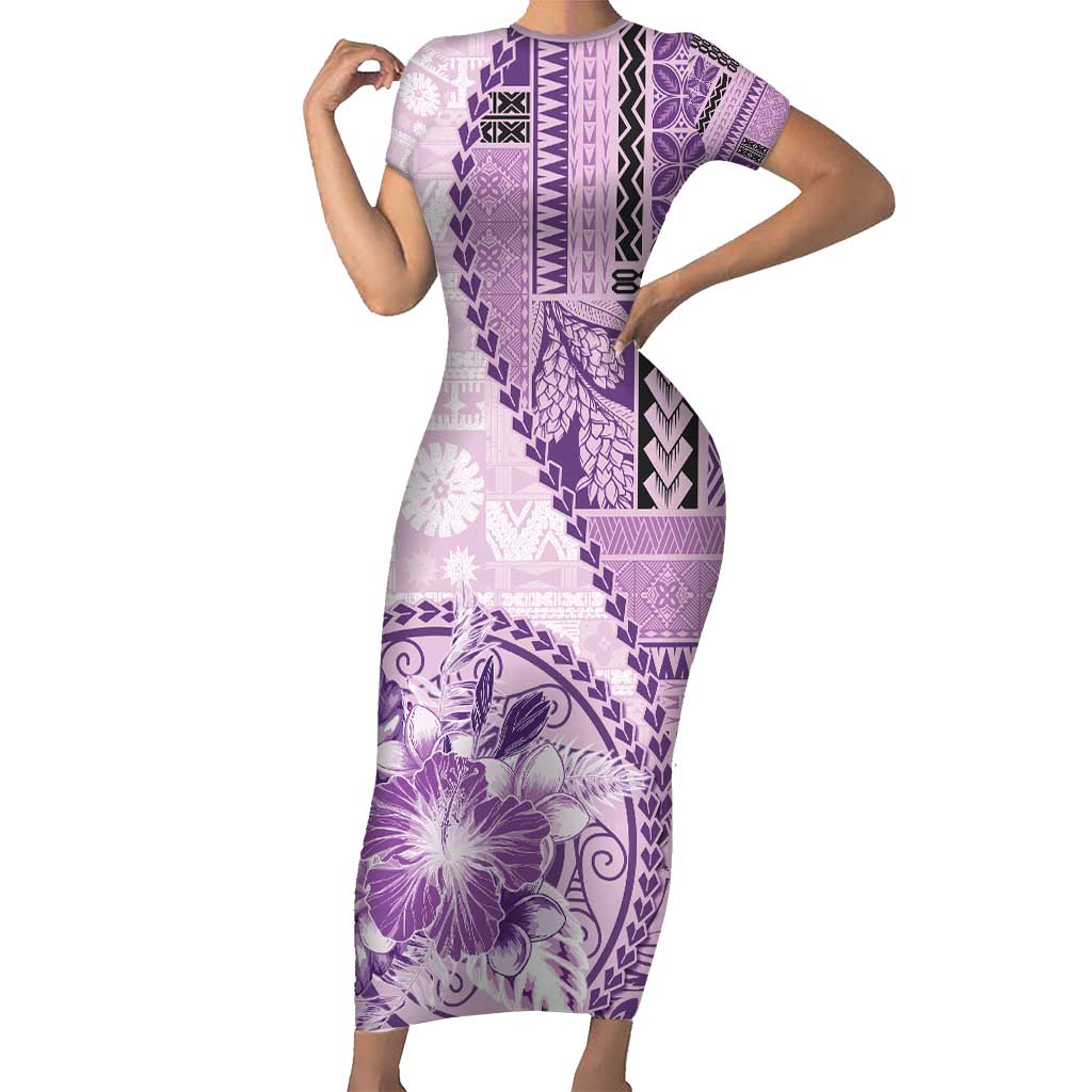 Samoa Siapo Elegant Family Matching Short Sleeve Bodycon Dress and Hawaiian Shirt Hibiscus Violet Motifs LT05 Mom's Dress Violet - Polynesian Pride