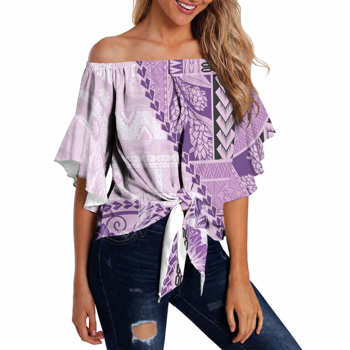 Samoa Siapo Elegant Off Shoulder Wrap Waist Top Hibiscus Violet Motifs LT05 - Polynesian Pride