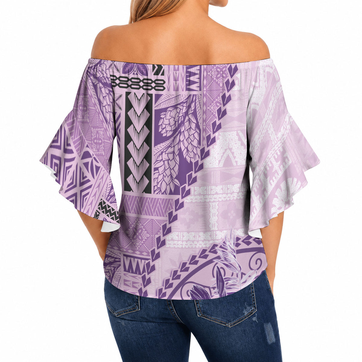Samoa Siapo Elegant Off Shoulder Wrap Waist Top Hibiscus Violet Motifs LT05 - Polynesian Pride