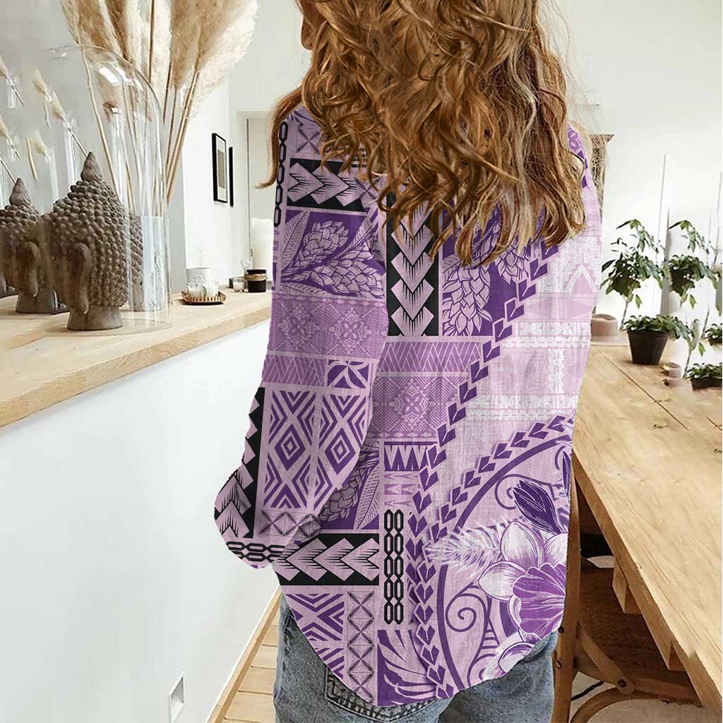 Samoa Siapo Elegant Women Casual Shirt Hibiscus Violet Motifs - Polynesian Pride