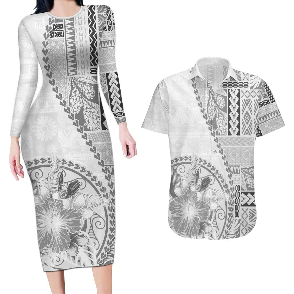 Samoa Siapo Elegant Couples Matching Long Sleeve Bodycon Dress and Hawaiian Shirt Hibiscus White Motifs LT05 White - Polynesian Pride