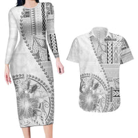 Samoa Siapo Elegant Couples Matching Long Sleeve Bodycon Dress and Hawaiian Shirt Hibiscus White Motifs LT05 White - Polynesian Pride