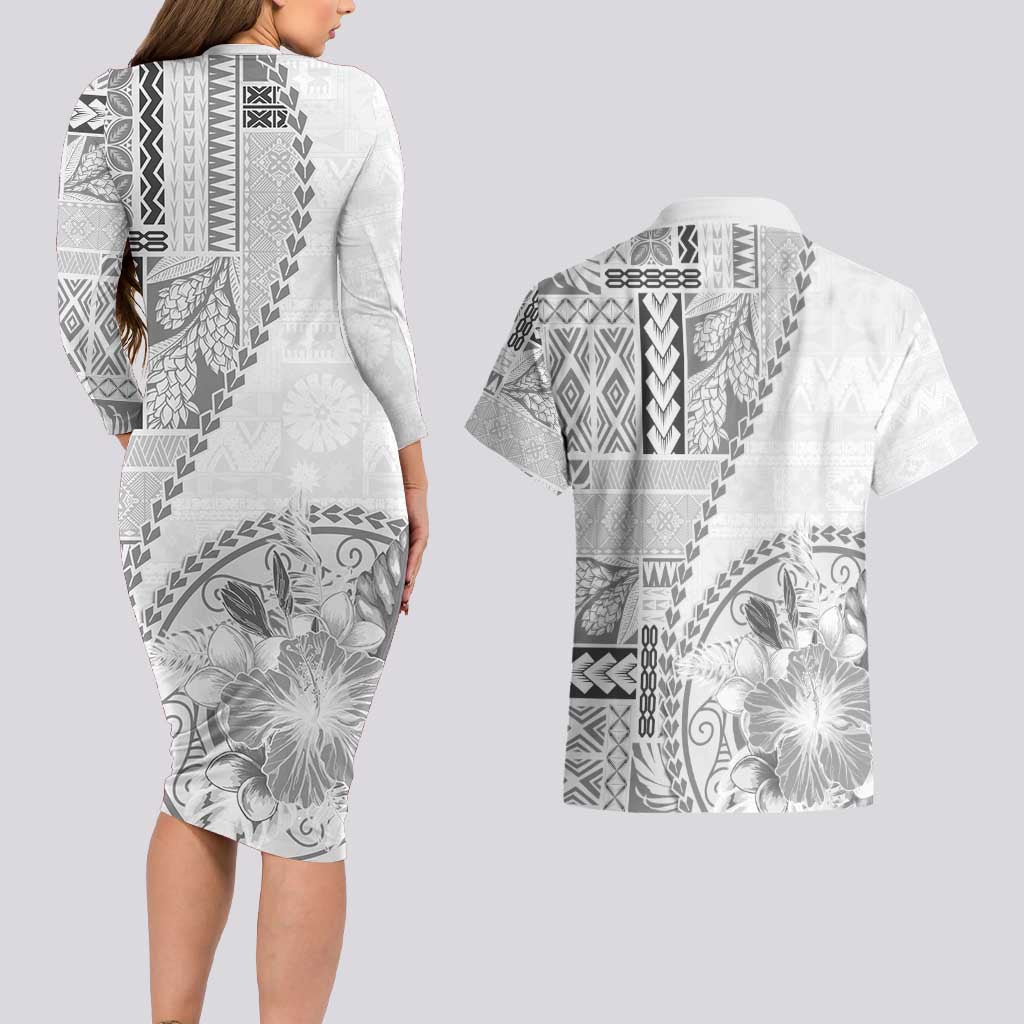 Samoa Siapo Elegant Couples Matching Long Sleeve Bodycon Dress and Hawaiian Shirt Hibiscus White Motifs LT05 - Polynesian Pride