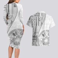 Samoa Siapo Elegant Couples Matching Long Sleeve Bodycon Dress and Hawaiian Shirt Hibiscus White Motifs LT05 - Polynesian Pride
