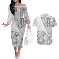 Samoa Siapo Elegant Couples Matching Off The Shoulder Long Sleeve Dress and Hawaiian Shirt Hibiscus White Motifs LT05 White - Polynesian Pride