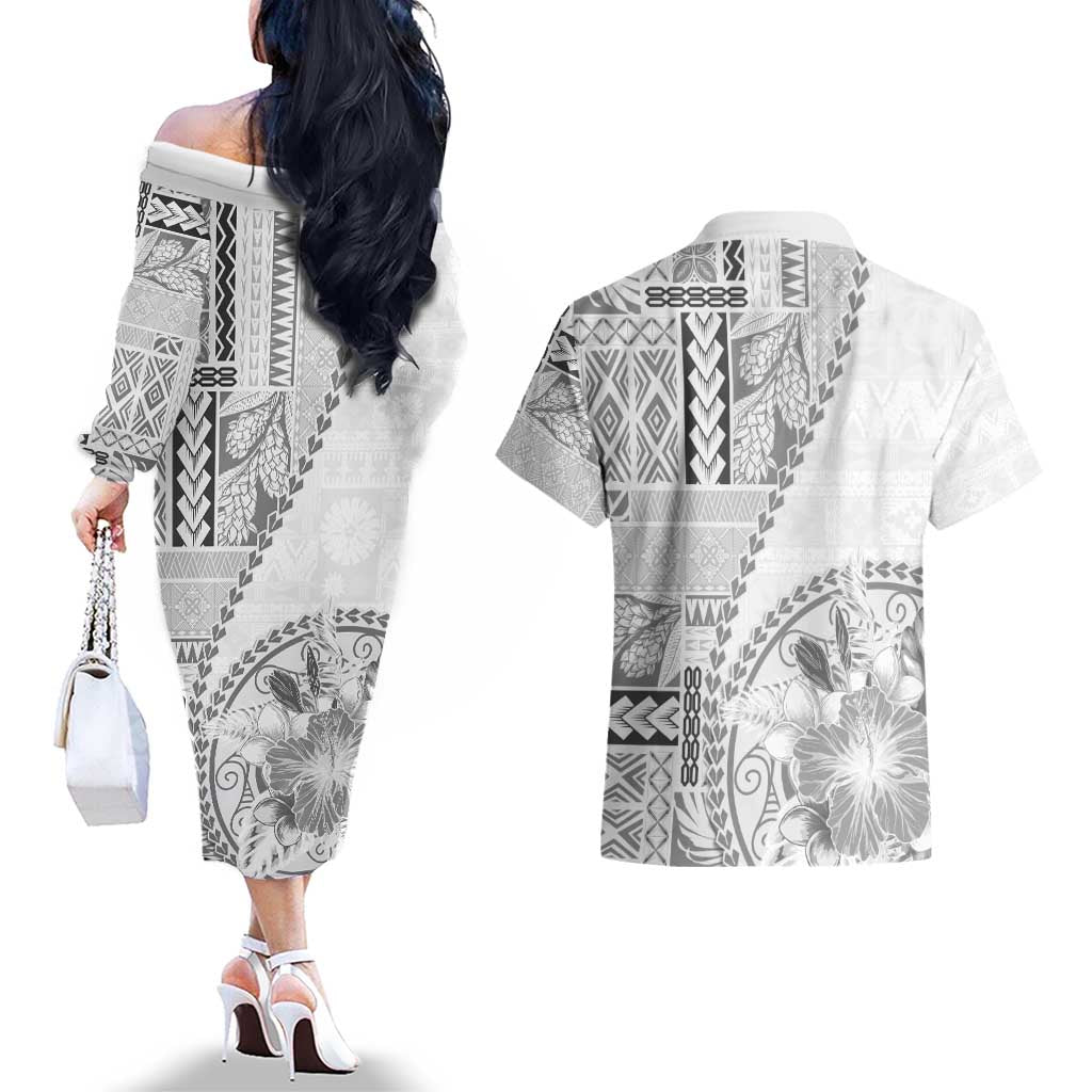Samoa Siapo Elegant Couples Matching Off The Shoulder Long Sleeve Dress and Hawaiian Shirt Hibiscus White Motifs LT05 - Polynesian Pride