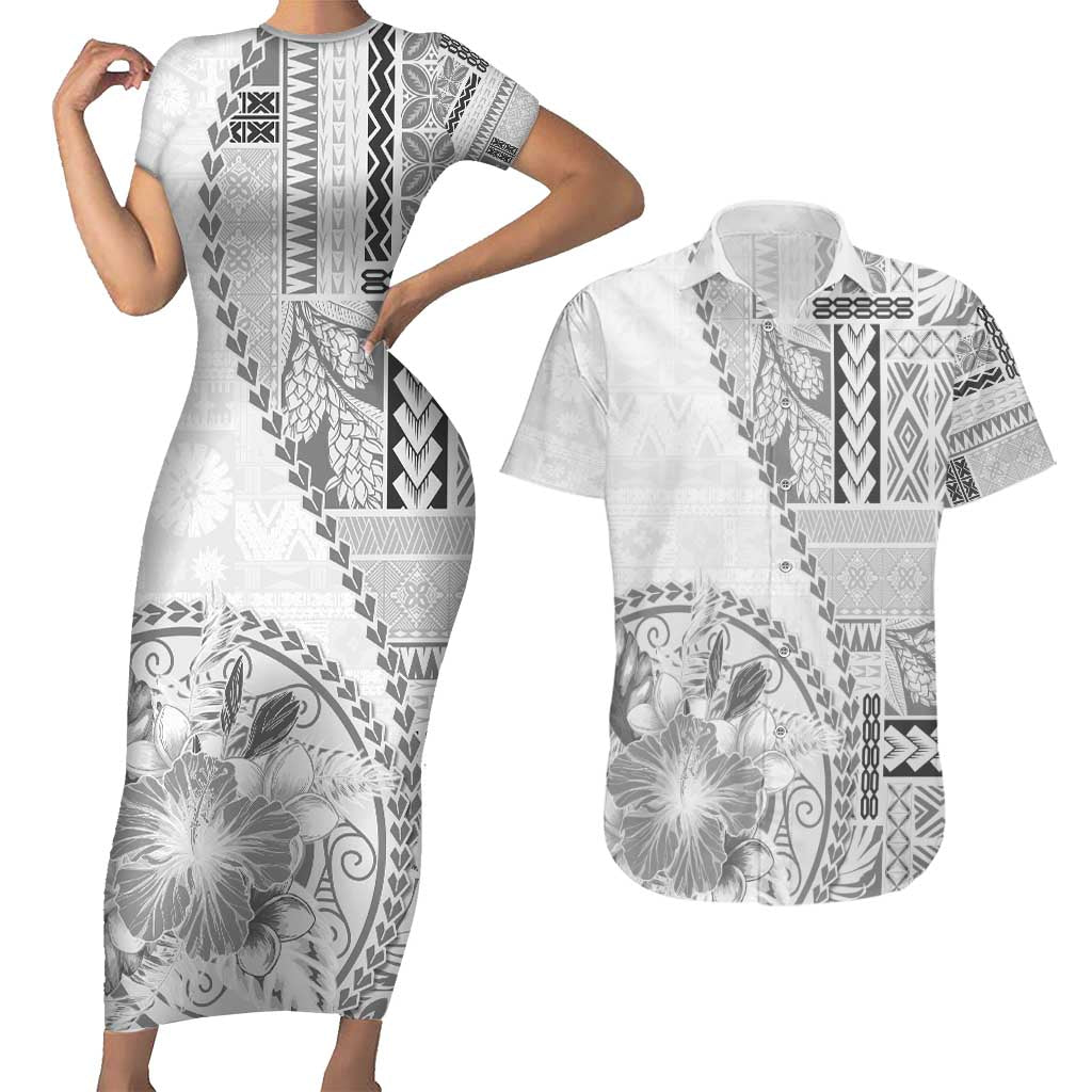 Samoa Siapo Elegant Couples Matching Short Sleeve Bodycon Dress and Hawaiian Shirt Hibiscus White Motifs LT05 White - Polynesian Pride