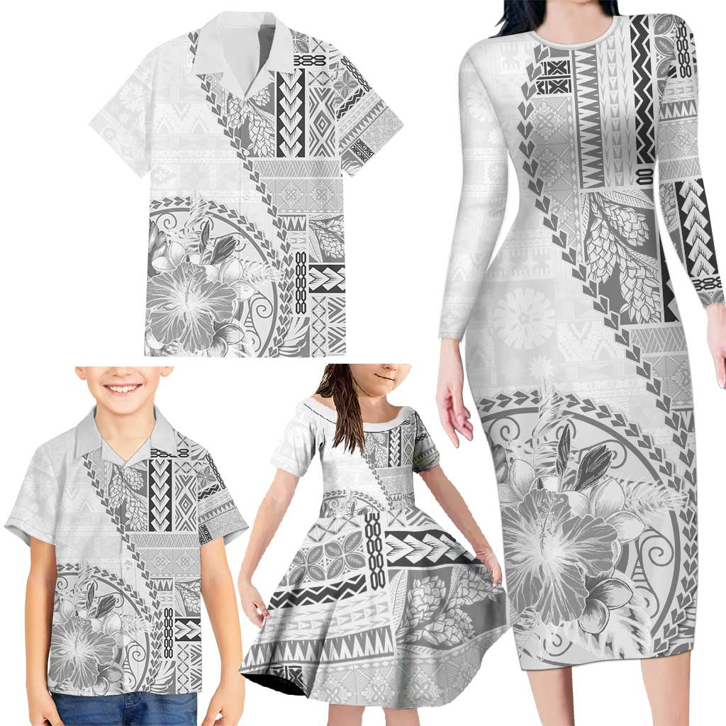 Samoa Siapo Elegant Family Matching Long Sleeve Bodycon Dress and Hawaiian Shirt Hibiscus White Motifs LT05 - Polynesian Pride