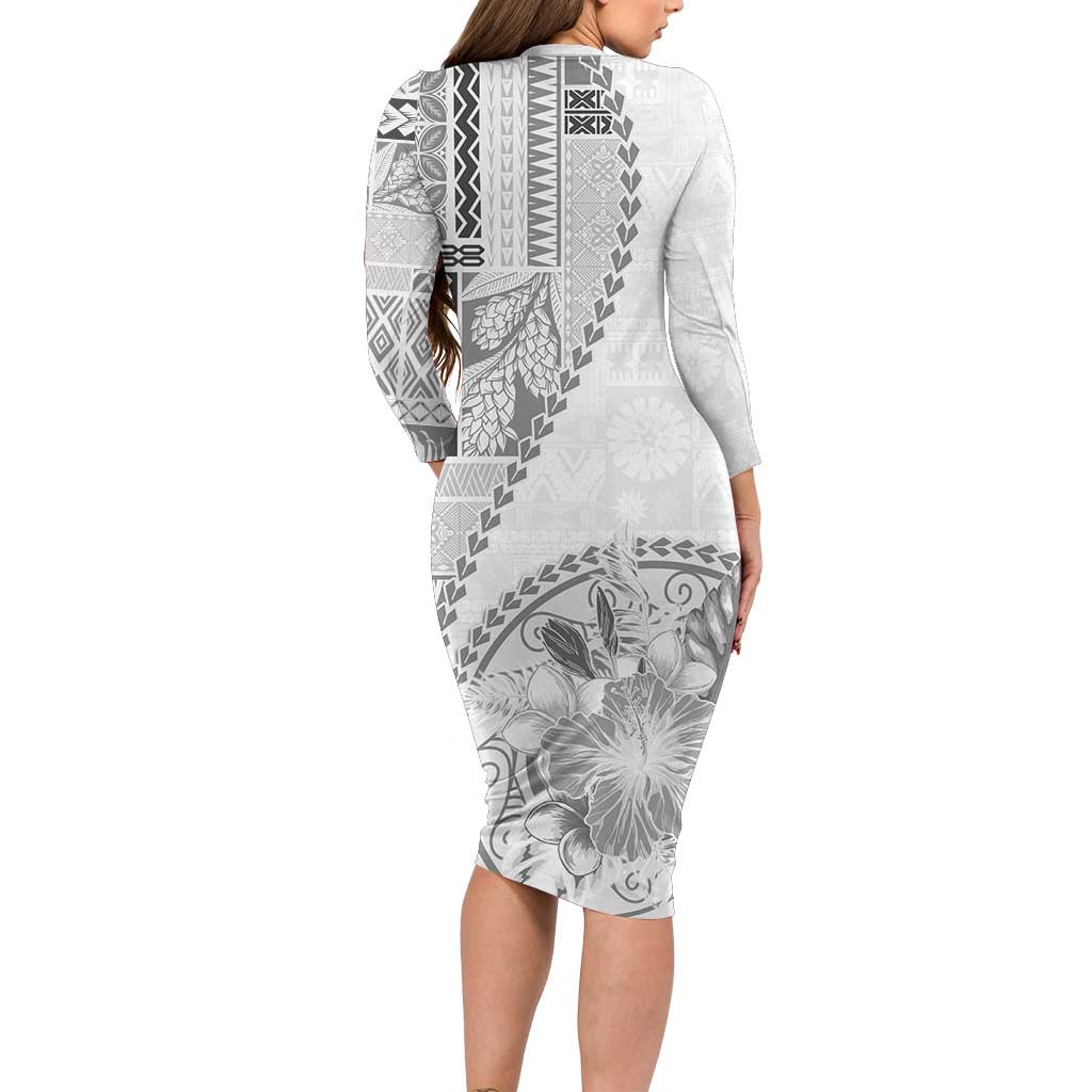 Samoa Siapo Elegant Family Matching Long Sleeve Bodycon Dress and Hawaiian Shirt Hibiscus White Motifs LT05 - Polynesian Pride