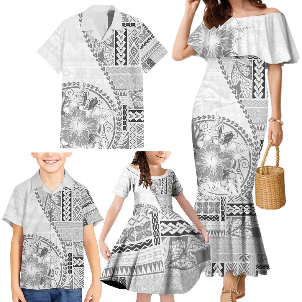Samoa Siapo Elegant Family Matching Mermaid Dress and Hawaiian Shirt Hibiscus White Motifs LT05 - Polynesian Pride