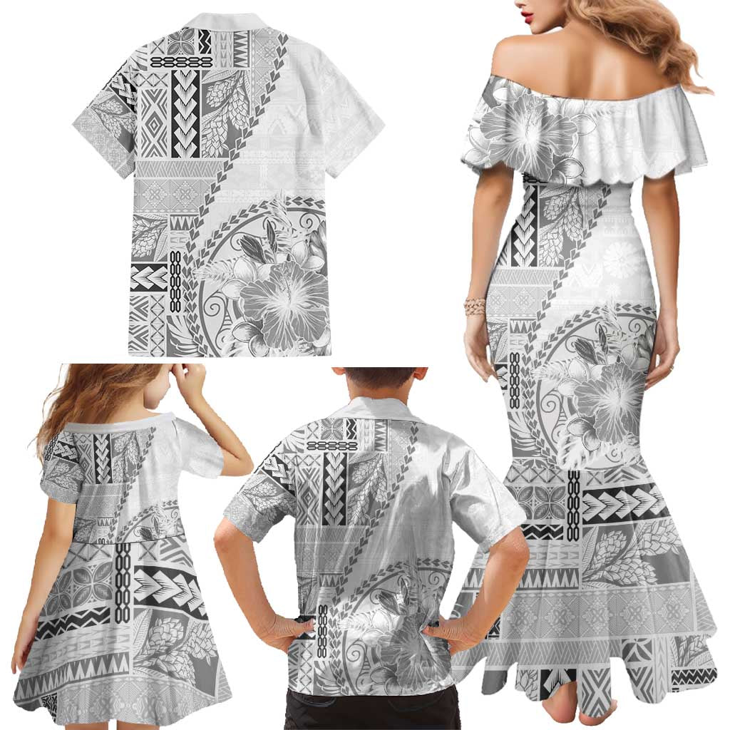 Samoa Siapo Elegant Family Matching Mermaid Dress and Hawaiian Shirt Hibiscus White Motifs LT05 - Polynesian Pride