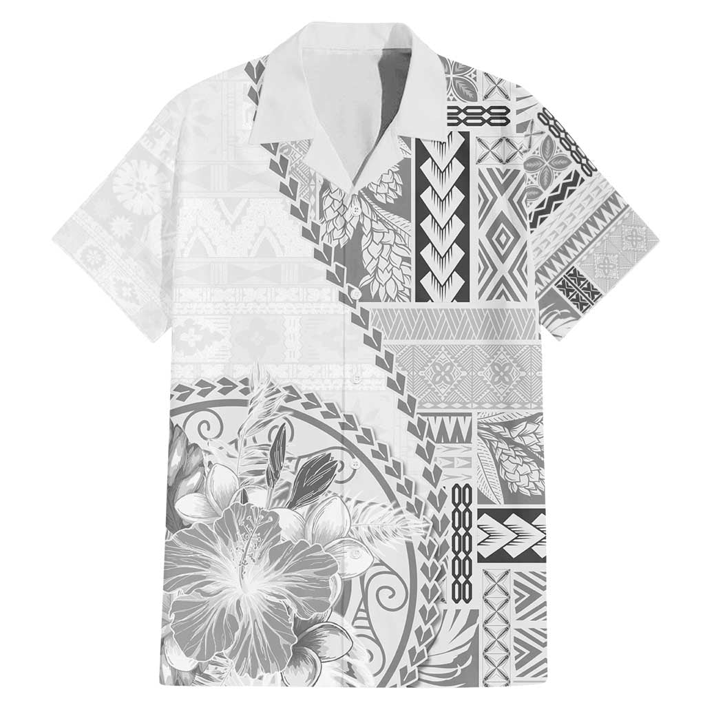 Samoa Siapo Elegant Family Matching Mermaid Dress and Hawaiian Shirt Hibiscus White Motifs LT05 Dad's Shirt - Short Sleeve White - Polynesian Pride