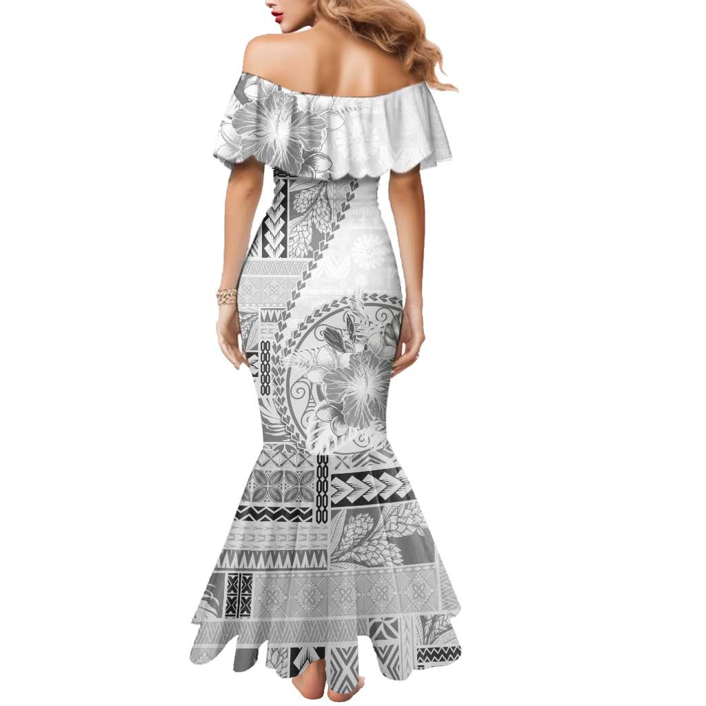 Samoa Siapo Elegant Family Matching Mermaid Dress and Hawaiian Shirt Hibiscus White Motifs LT05 - Polynesian Pride