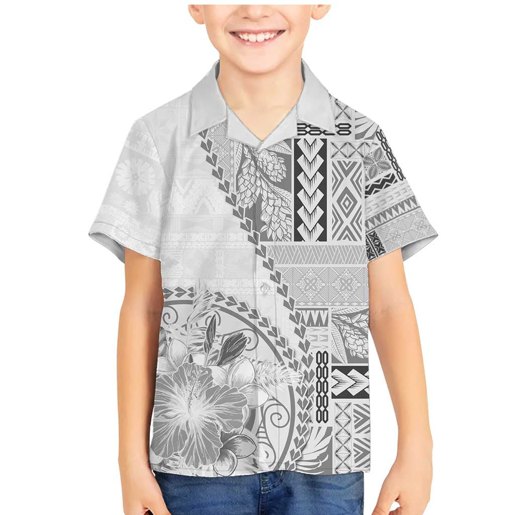 Samoa Siapo Elegant Family Matching Mermaid Dress and Hawaiian Shirt Hibiscus White Motifs LT05 Son's Shirt White - Polynesian Pride