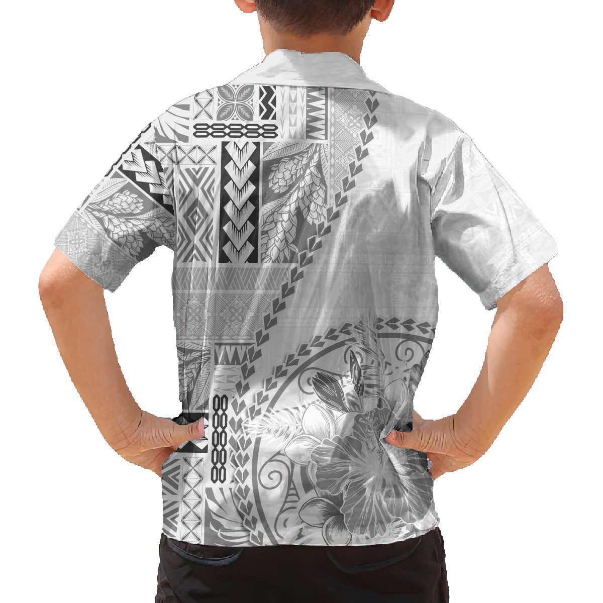 Samoa Siapo Elegant Family Matching Off The Shoulder Long Sleeve Dress and Hawaiian Shirt Hibiscus White Motifs LT05 - Polynesian Pride