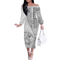 Samoa Siapo Elegant Family Matching Off The Shoulder Long Sleeve Dress and Hawaiian Shirt Hibiscus White Motifs LT05 Mom's Dress White - Polynesian Pride